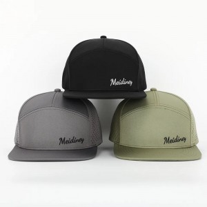 OEM Custom High Quality Embroidery Logo Luxury 7 Panel Snapback Cap Adult Flat Bill Snap Back Hat With Laser Cut Holes